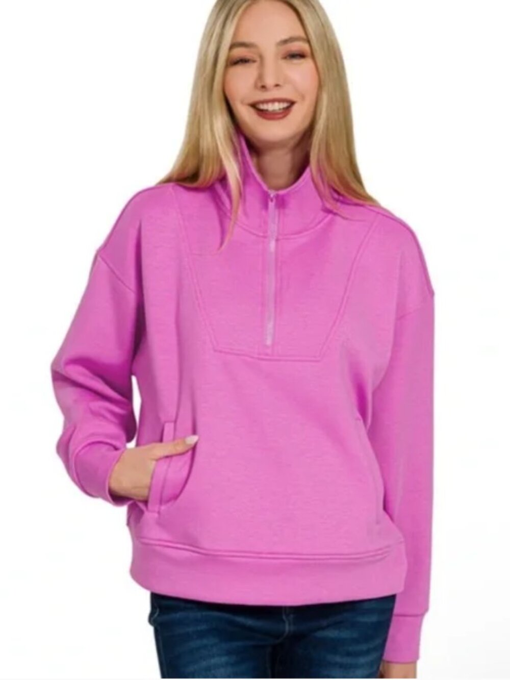 NEW ZENANA SCUBA HALF ZIP PULLOVER BRIGHT MAUVE Size Medium